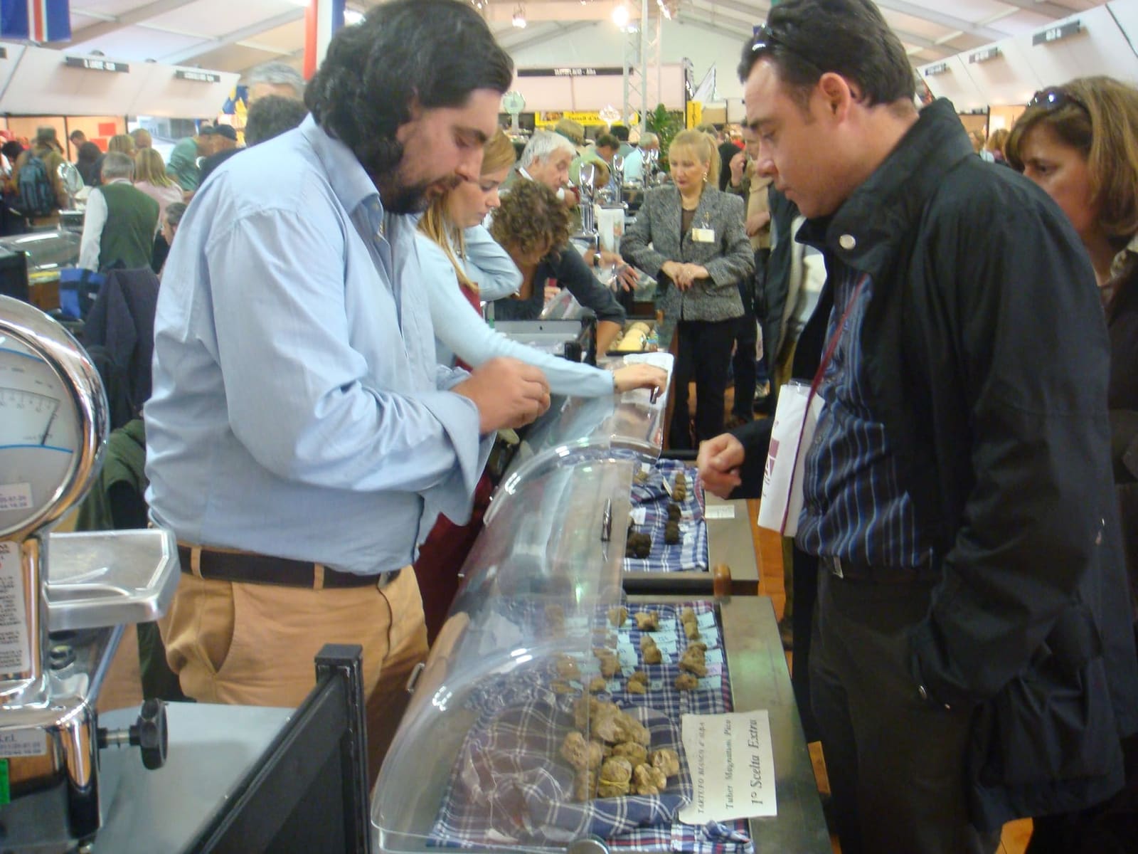 un banco del Mercato Mondiale del Tartufo Bianco, con i tartufi sotto la campana di vetro