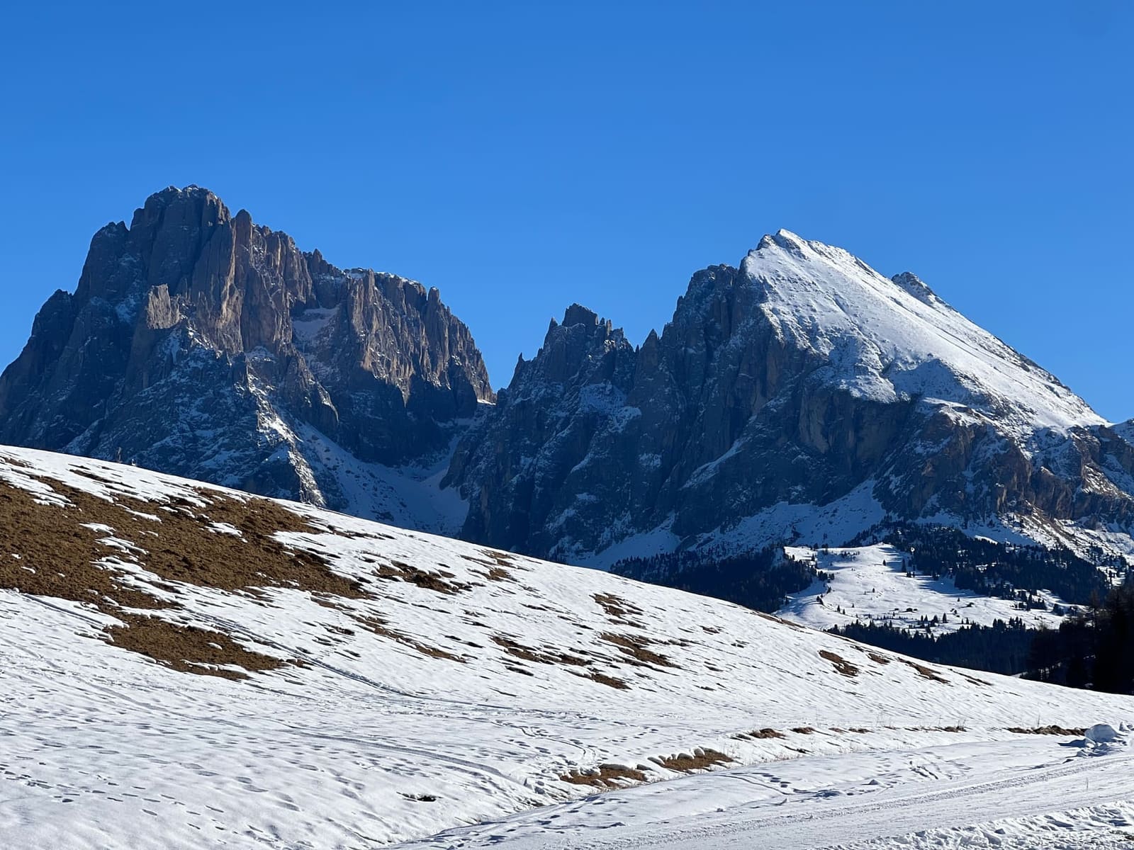 il Sassolungo con le sue torri e il Sassopiatto imbiancato, dai prati dell'Alpe