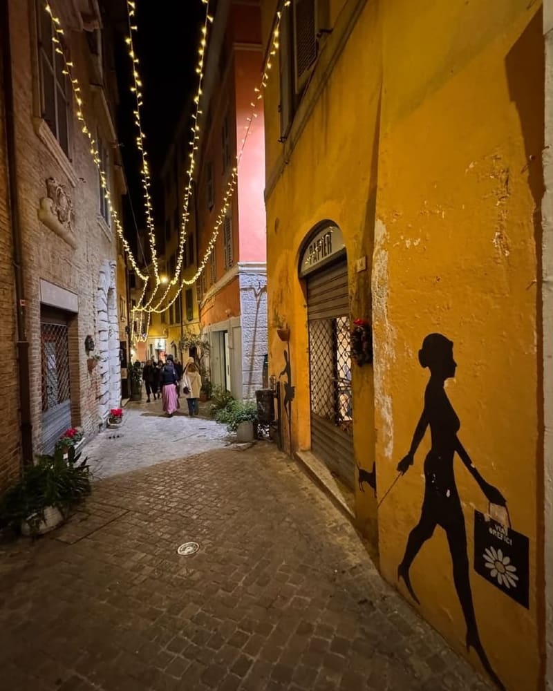 un vicolo del centro con le luci sospese fra le case e la sagoma dipinta di una donna che porta il cane