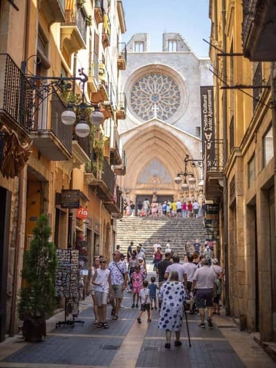 la facciata della cattedrale con il rosone gotico, in fondo alla via stretta e alla scalinata piena di gente