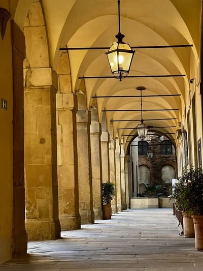 il porticato con le volte a crociera, le lanterne di ferro e i vasi di piante lungo il fondo