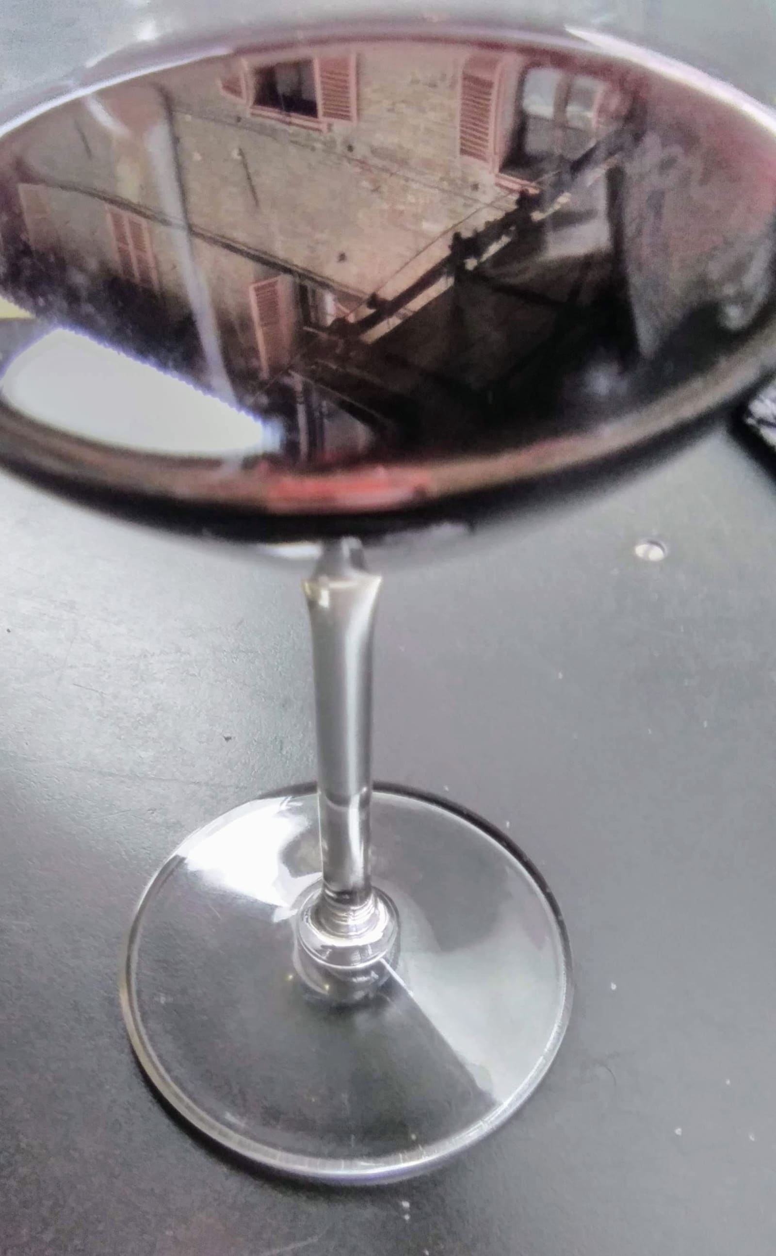 una casa medievale di Alba riflessa in un bicchiere di Dolcetto d'Alba
