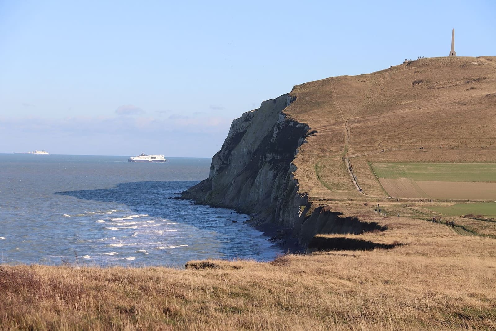 the Blanc-Nez cliff from the Escalles side, with a ferry in the strait