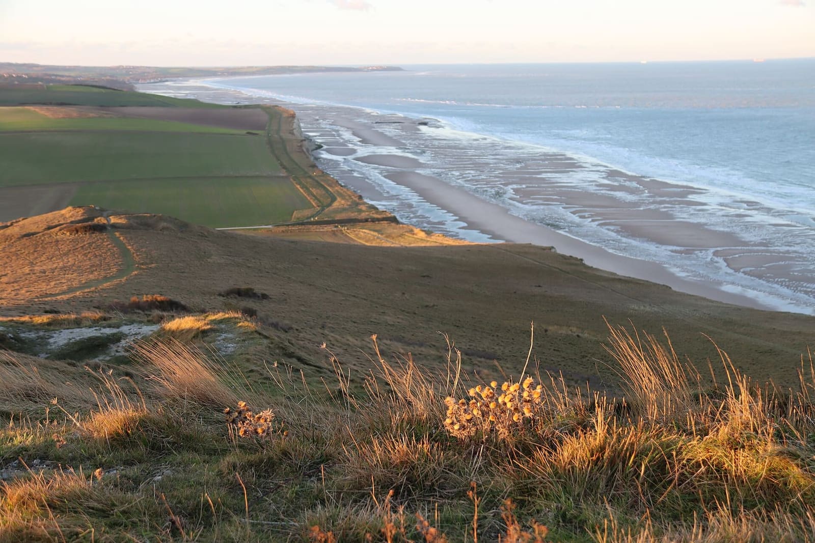 the beach below Blanc-Nez at low tide, in the evening light