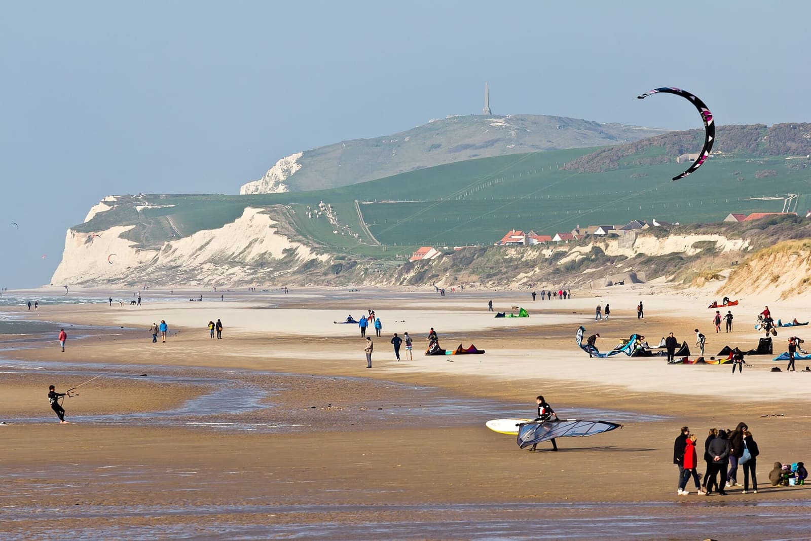 a kitesurfer on the beach at Wissant, with Blanc-Nez in the background