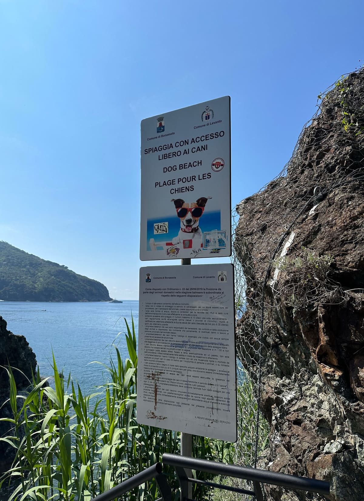 il cartello della spiaggia con accesso libero ai cani, con sotto il testo dell'ordinanza dei due comuni
