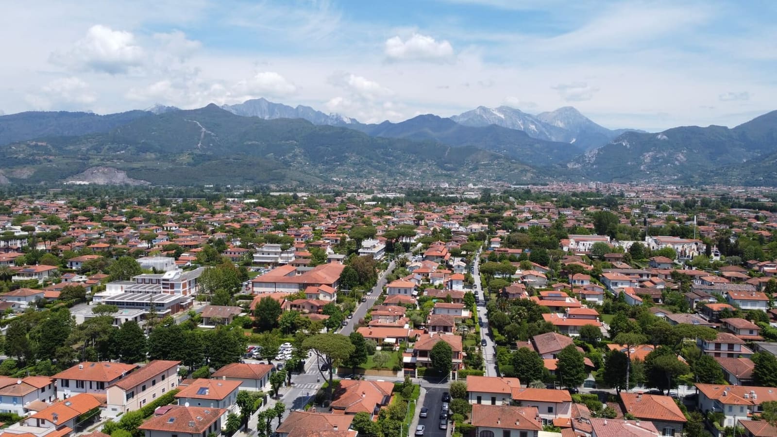 les maisons dans la verdure de Forte dei Marmi sous les Apuanes, vues d'en haut