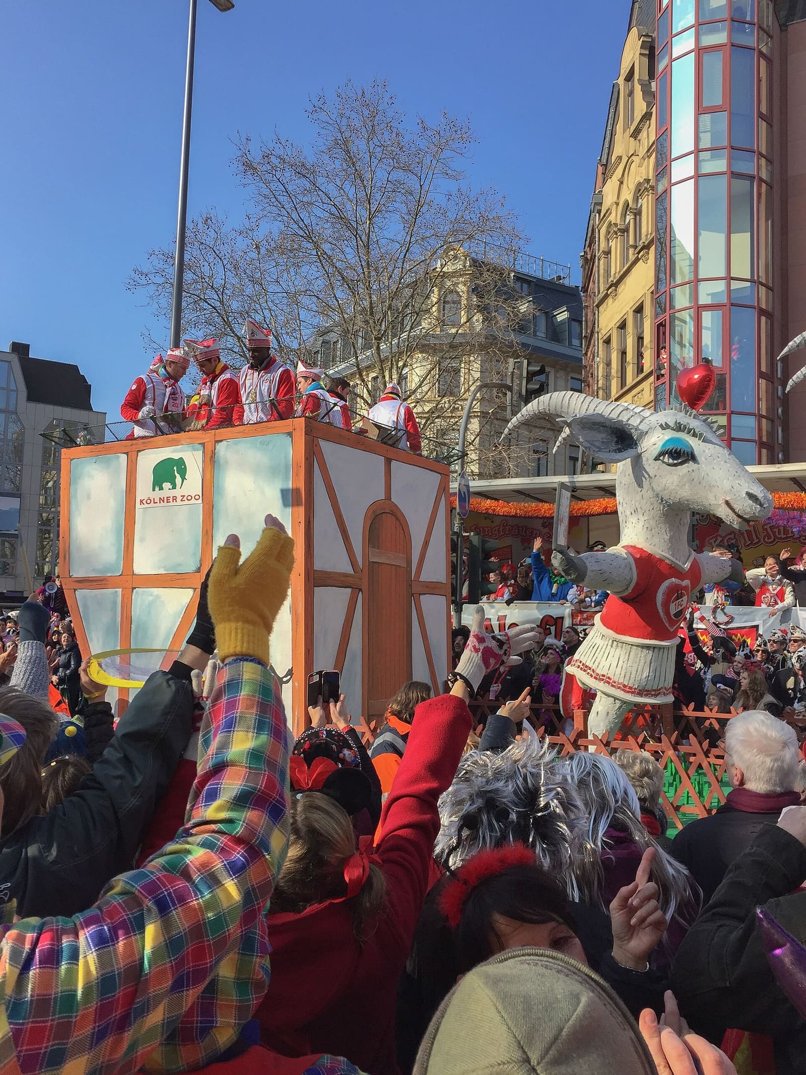 un carro del corteo del Rosenmontag 2015 con il caprone Hennes, la mascotte del 1. FC Köln, e la folla con le mani alzate