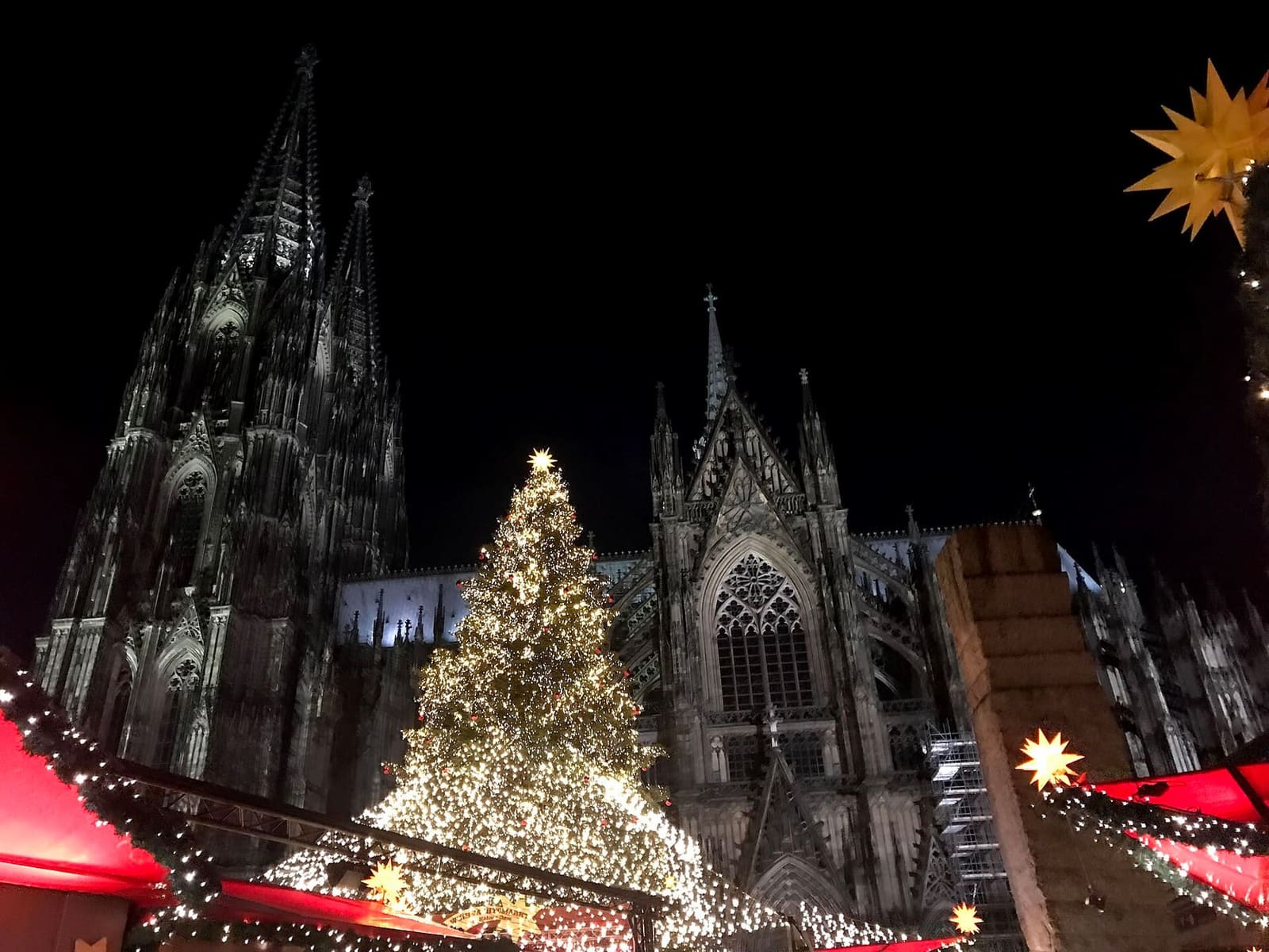 l'albero illuminato e i tetti rossi delle casette sul Roncalliplatz, con il Duomo dietro nella notte