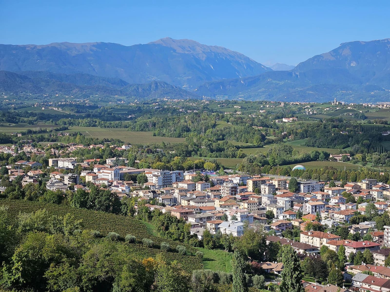 le colline con le vigne e le Prealpi viste dal castello di Conegliano, alla fine di settembre