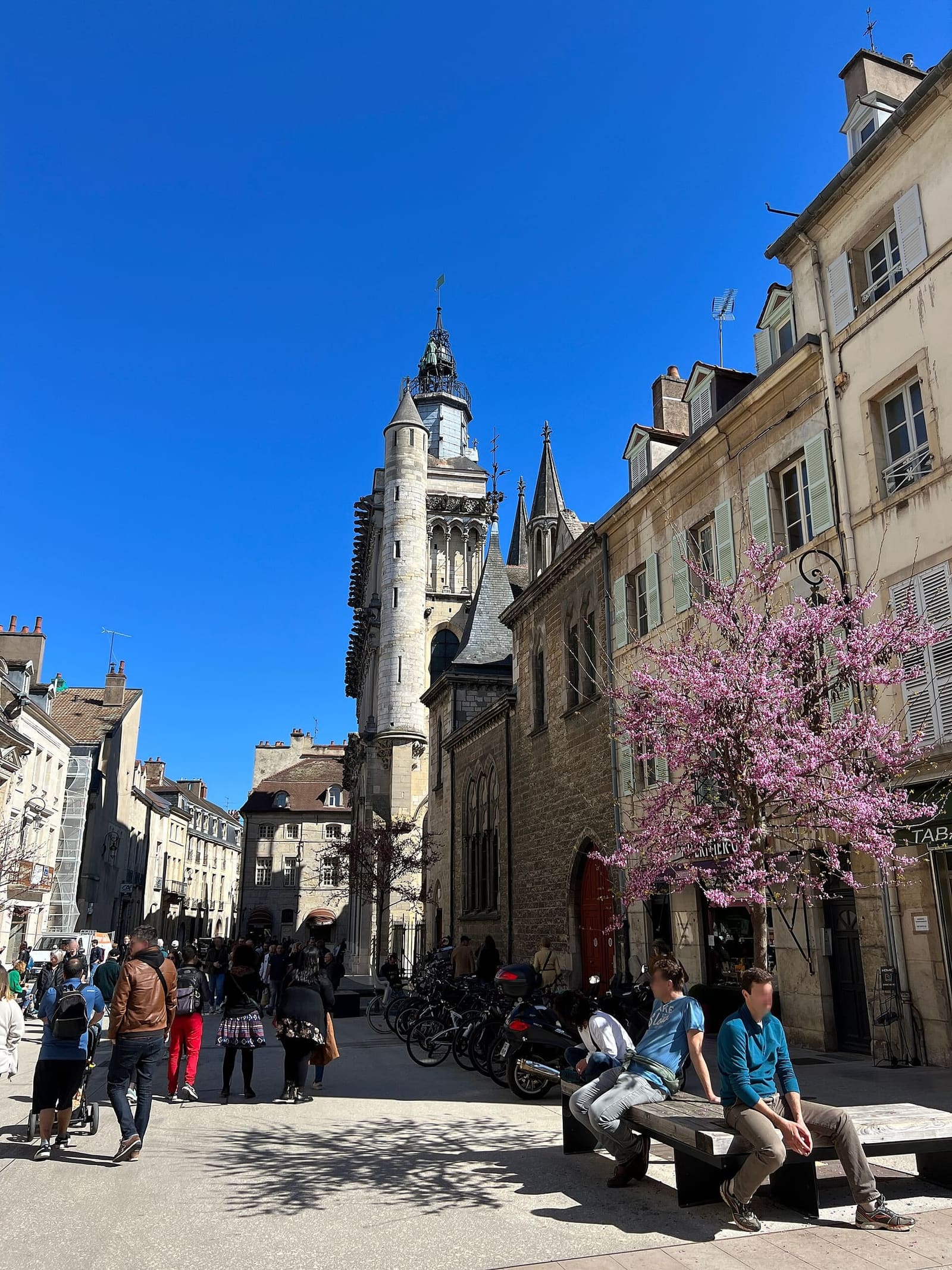 Notre-Dame con il Jacquemart in fondo alla via, una mattina di primavera