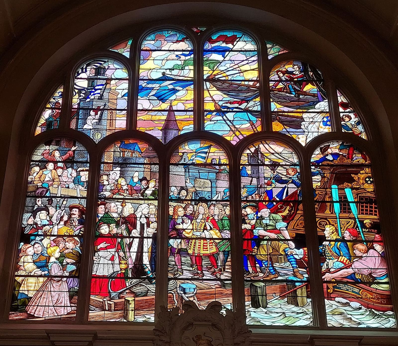 Félix Gaudin's stained-glass window in the Hôtel de ville, showing Jean Bart's return after the Battle of Texel