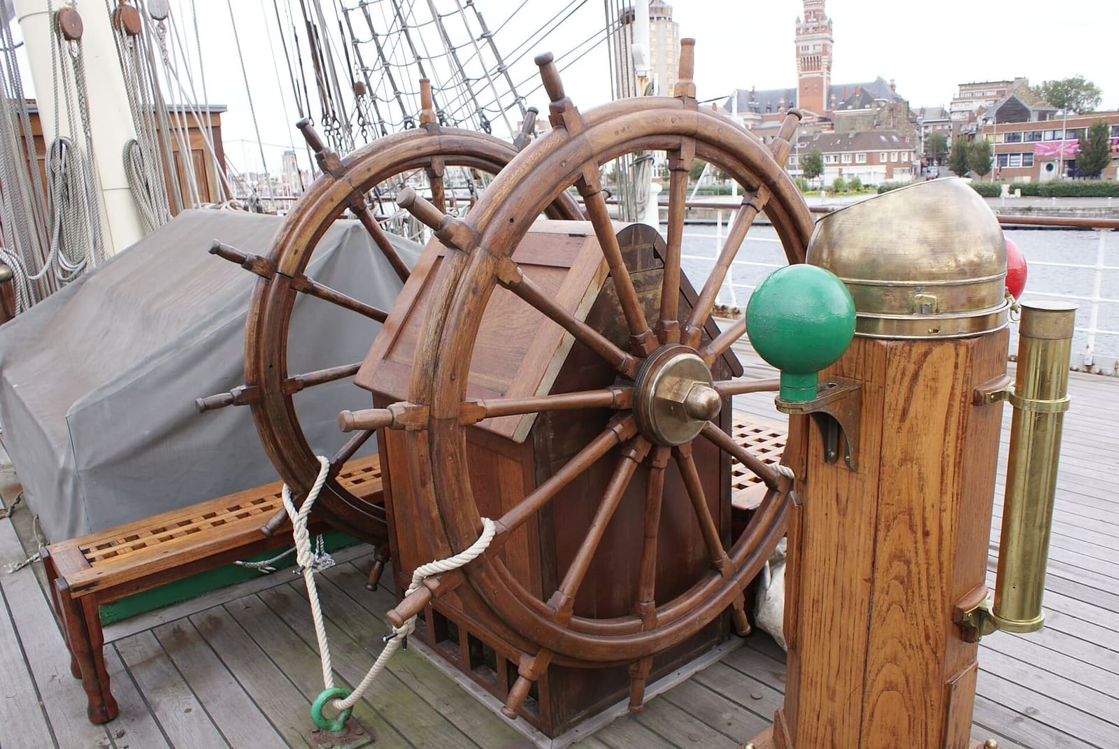 the steering wheels on the deck of the Duchesse Anne