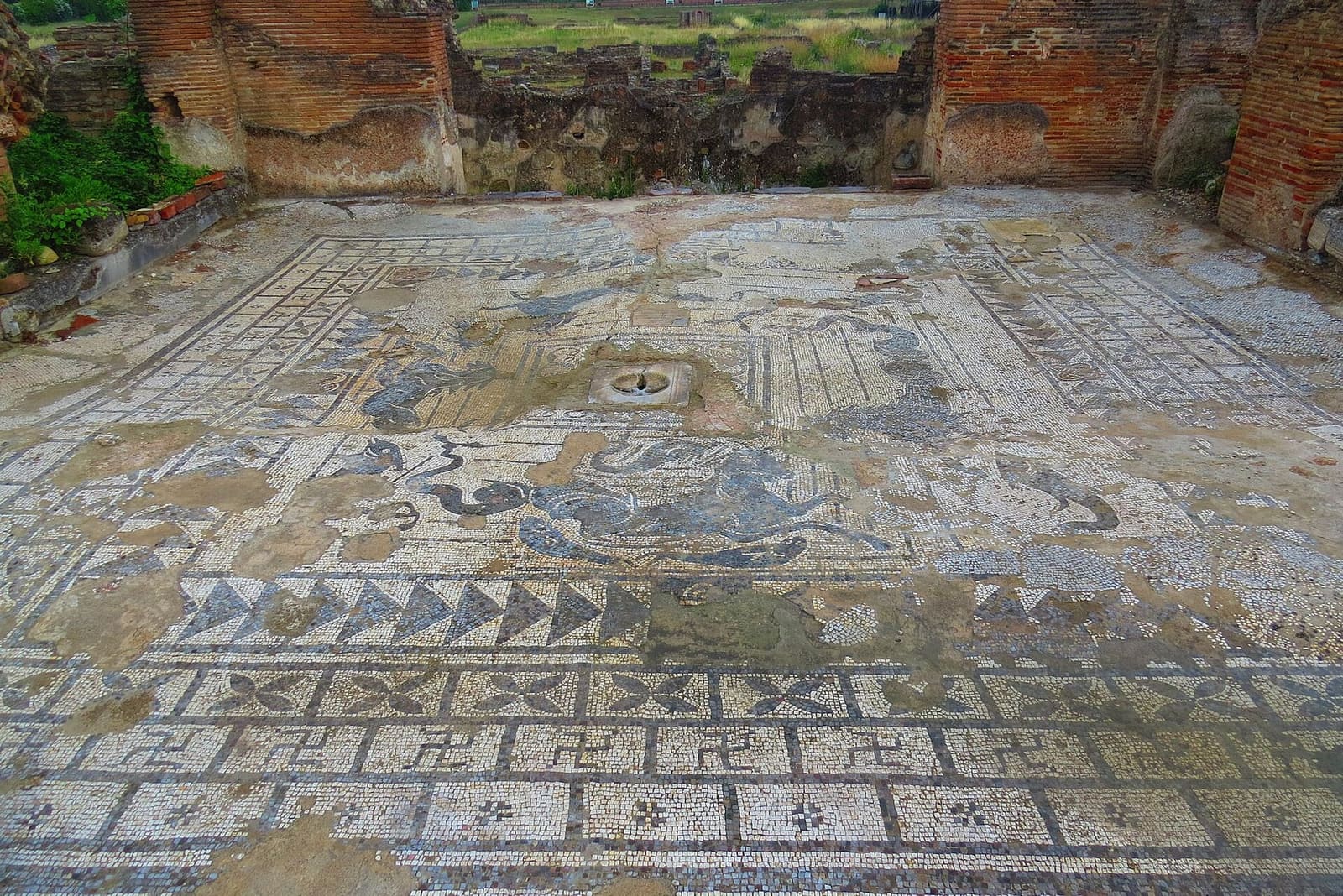 il mosaico bianco e nero delle terme romane, con gli animali marini al centro