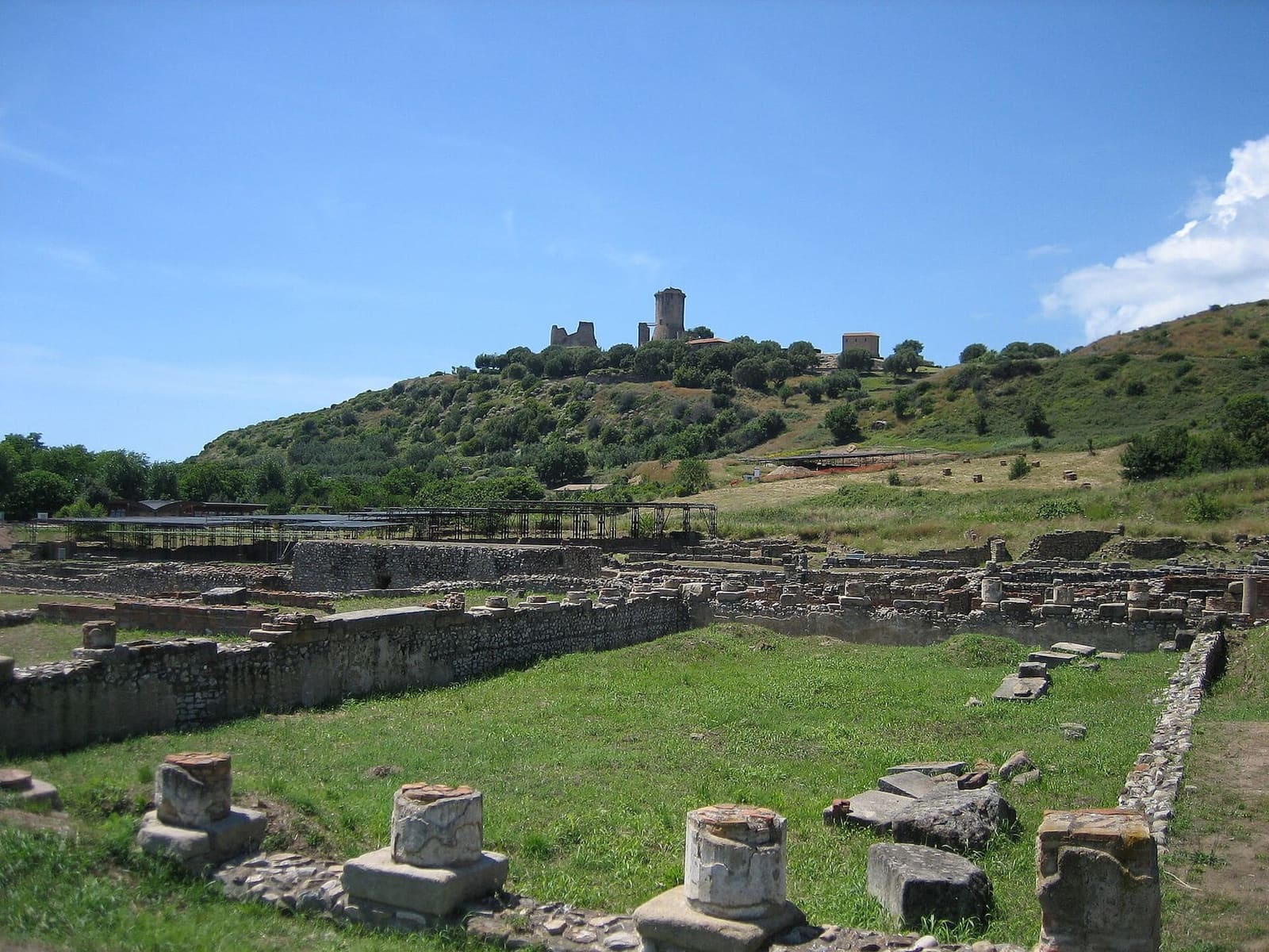 gli scavi della città bassa con le basi delle colonne, e la torre sull'acropoli in fondo