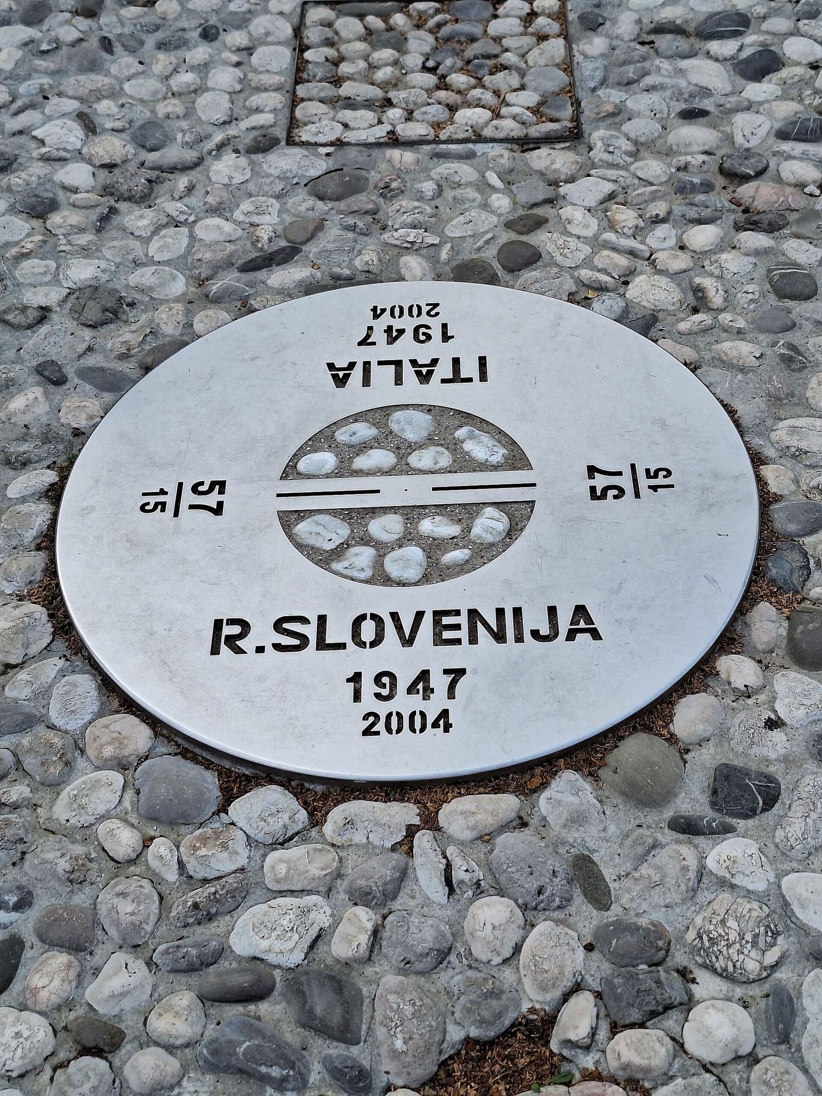 die Markierung der Grenze zwischen Italien und Slowenien im Pflaster der piazza della Transalpina