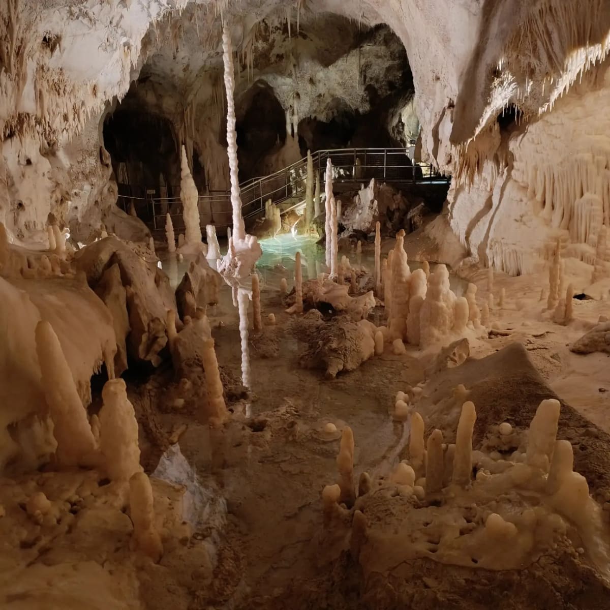 il campo di stalagmiti basse davanti alla pozza turchese, con la passerella e la scala che si vedono in fondo