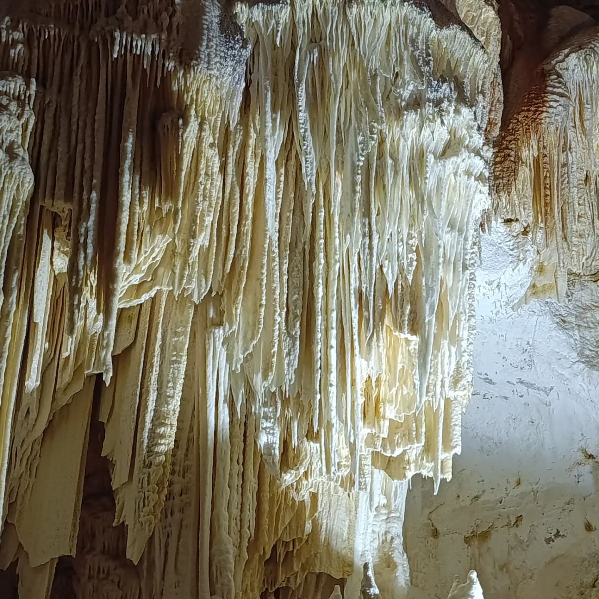 la colata a cascata, dove il calcare scende in pieghe verticali lunghe metri e cambia colore dal bianco all'ambra