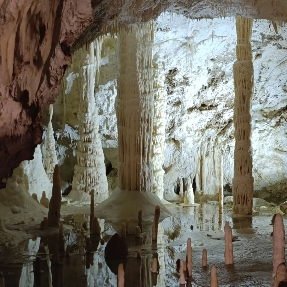 due colonne che uniscono il soffitto al pavimento, e l'acqua ferma sotto che le raddoppia per intero