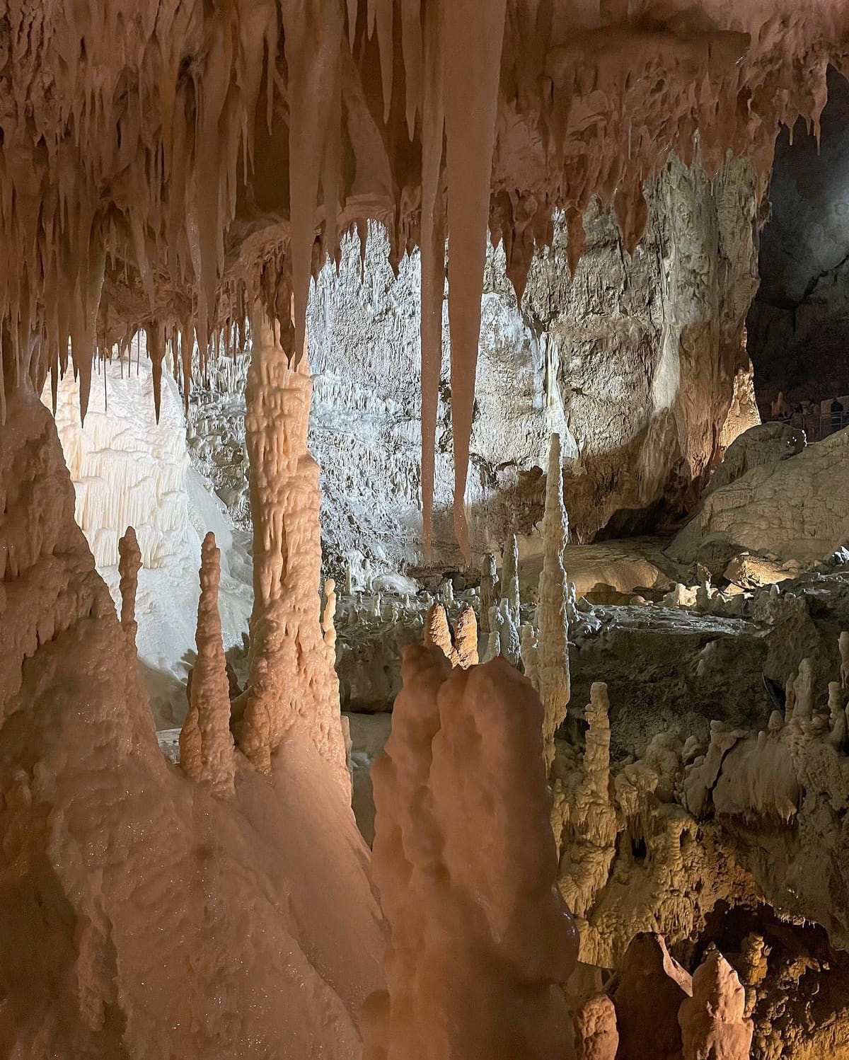 le stalagmiti color mattone in primo piano e, dietro, la colata bianca che scende dal soffitto come una tenda