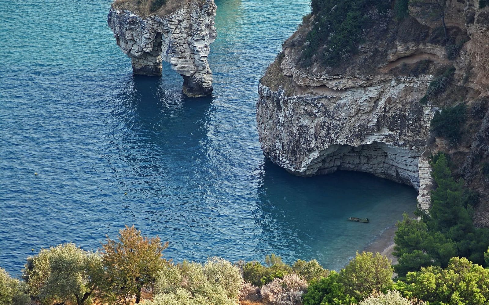 die Felsnadeln der Baia delle Zagare von oben gesehen, mit der Steilküste daneben