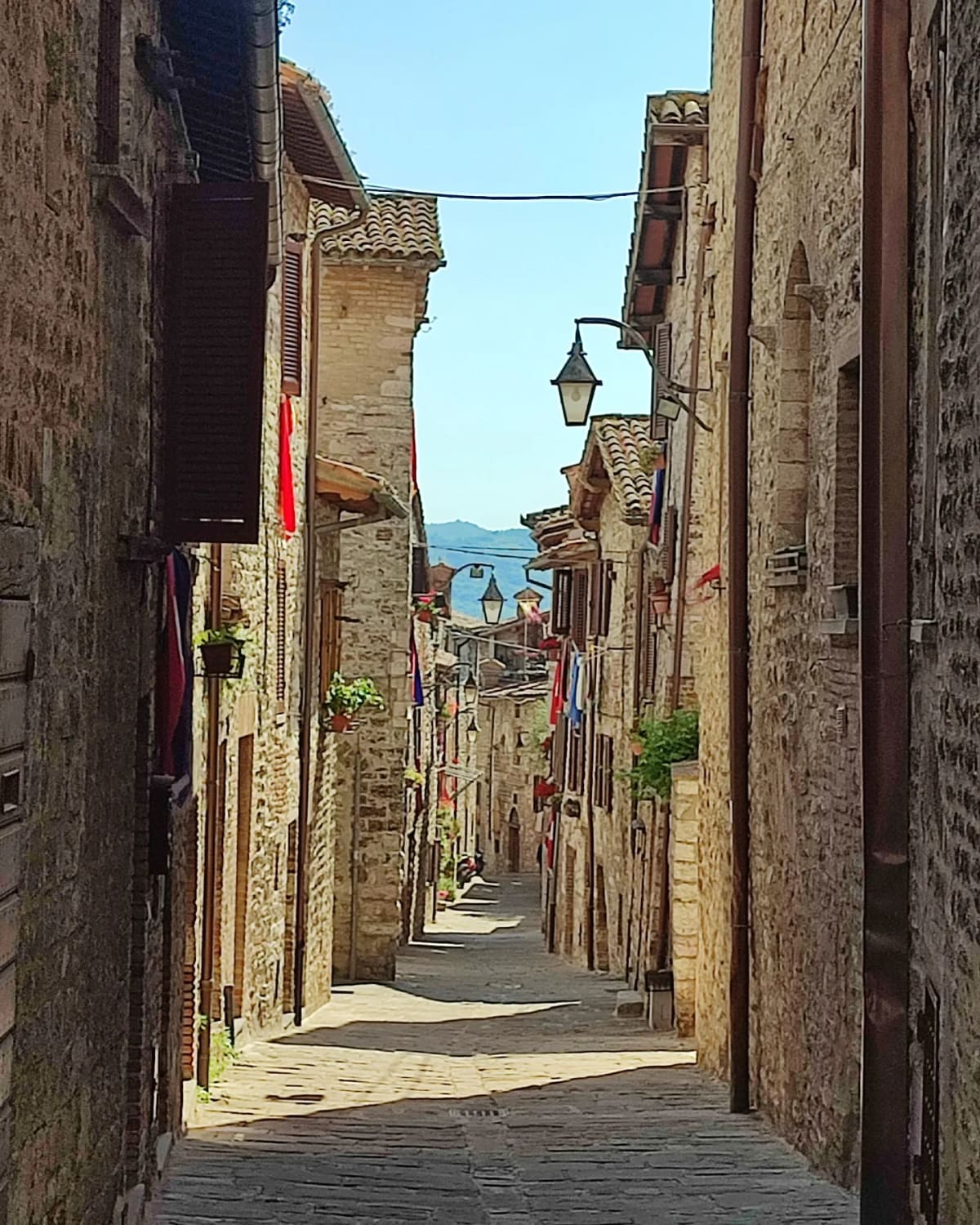 la via stretta in salita fra le case di pietra, con i vessilli dei quartieri appesi ai muri
