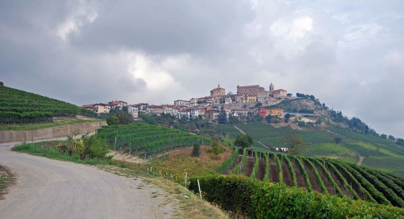 una strada bianca fra le vigne, sotto il paese che sta in cima alla collina