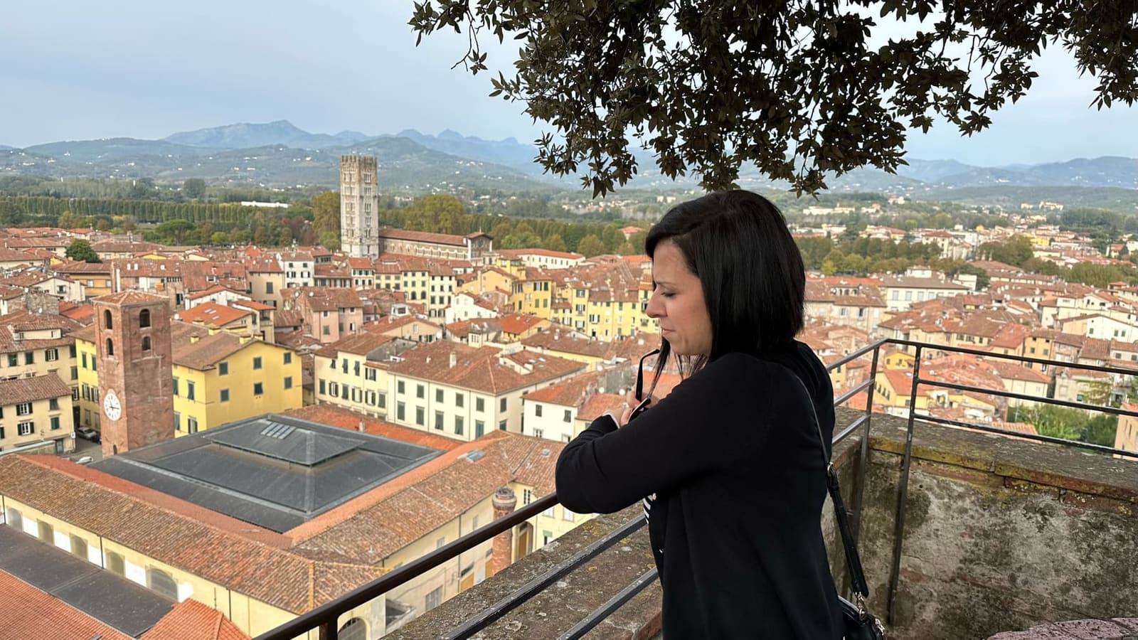 eccoci al parapetto della Torre Guinigi, con il centro storico sotto