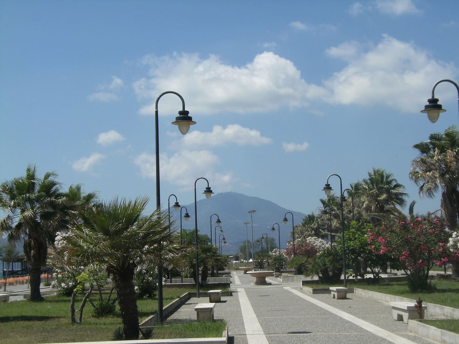 die Strandpromenade mit Palmen und Laternen, und hinten die Berge