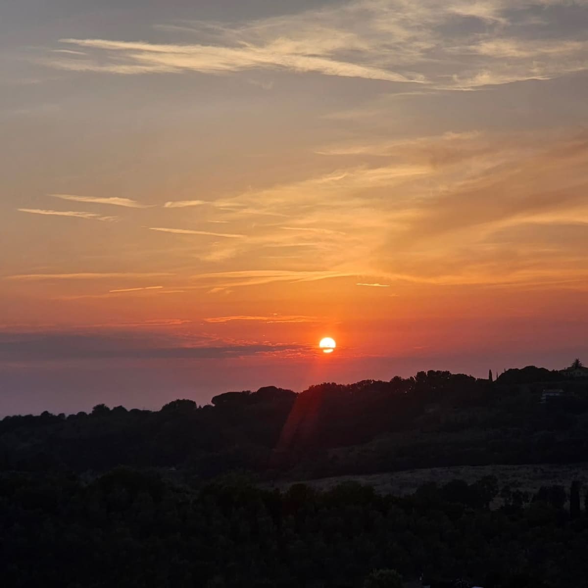il sole che sparisce dietro le colline coperte di macchia