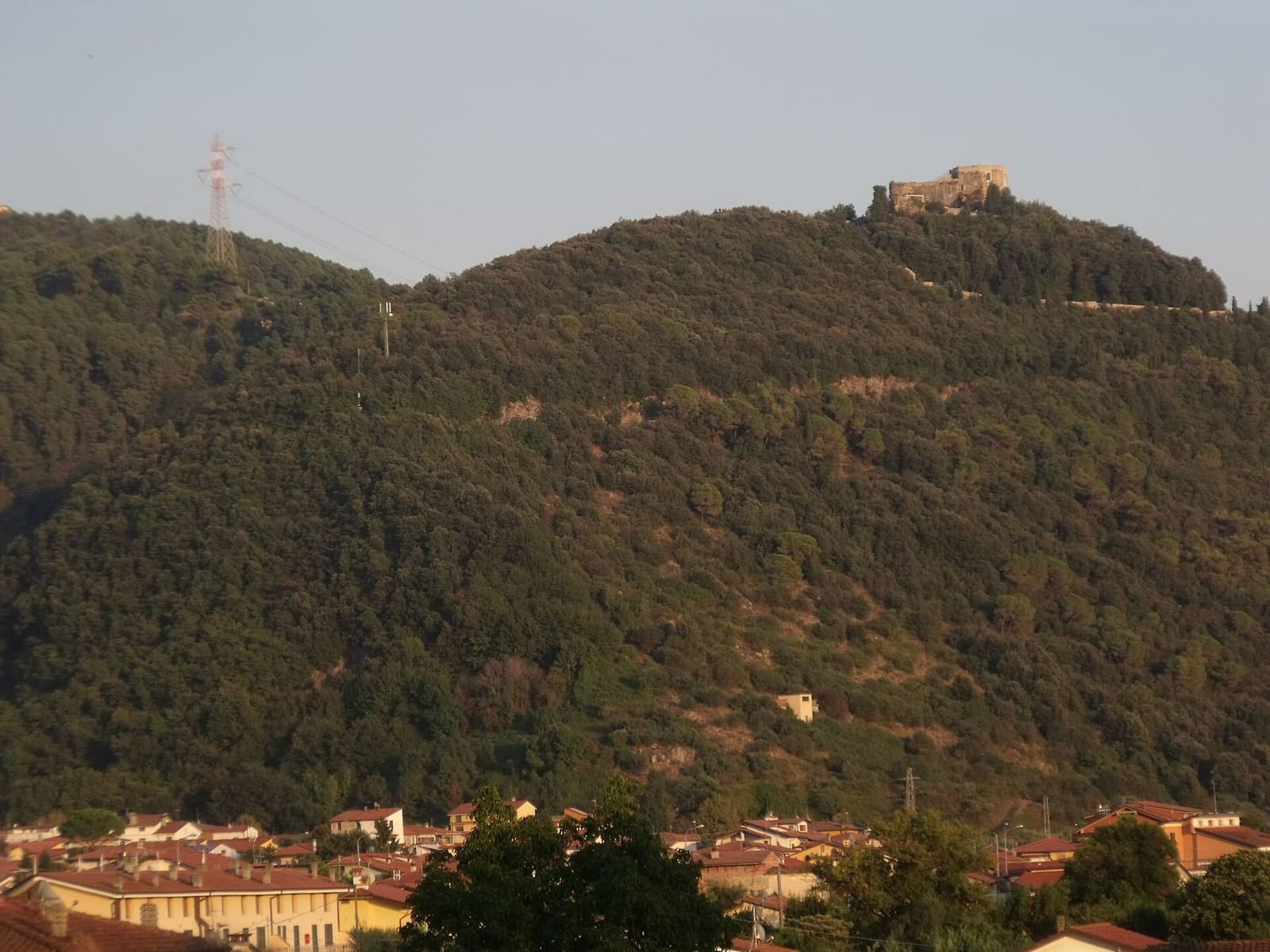 das Castello Aghinolfi oben auf dem bewaldeten Hügel, über den Dächern von Montignoso