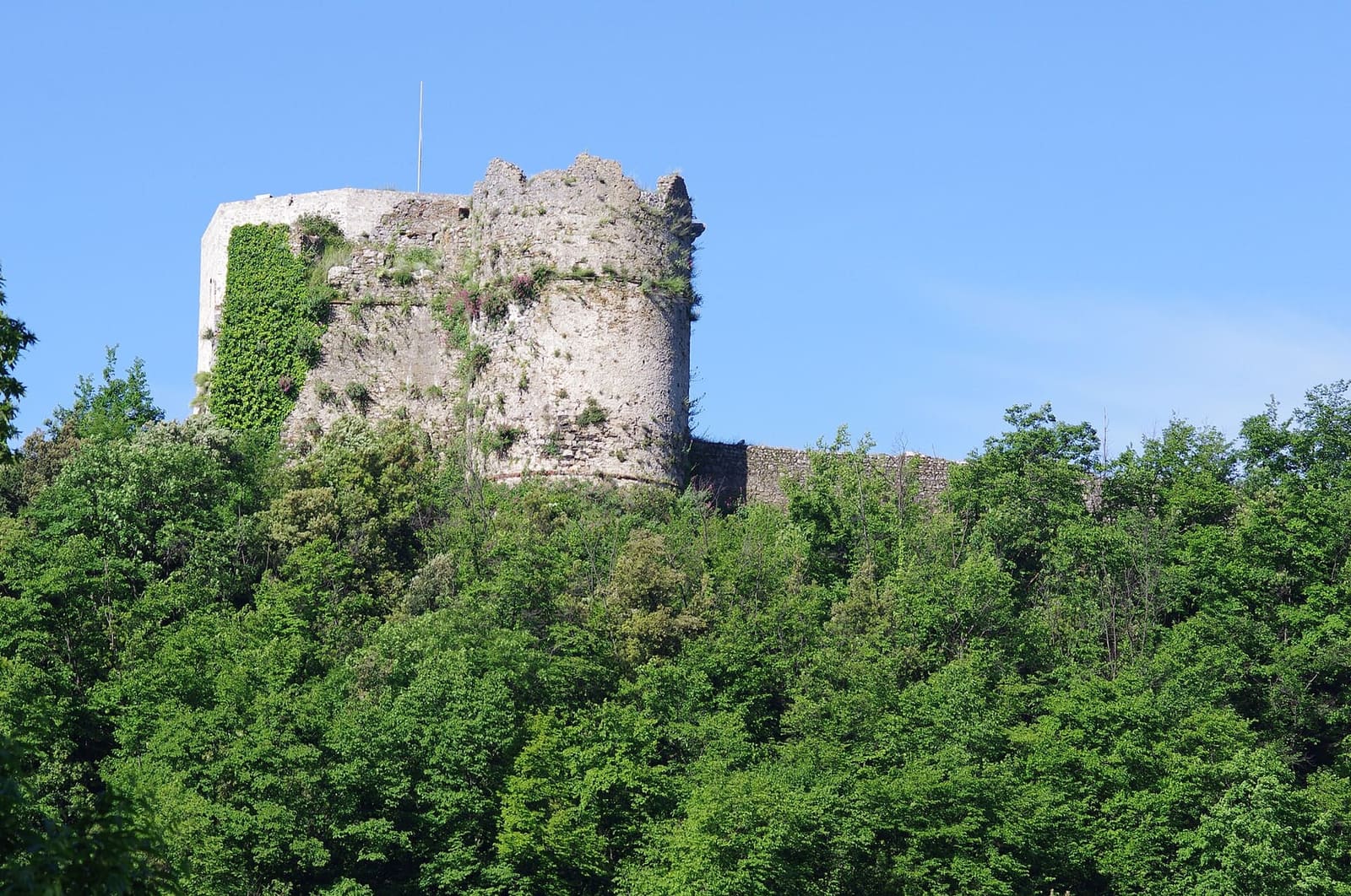 die Türme des Castello Aghinolfi, die aus dem Grün des Hügels ragen
