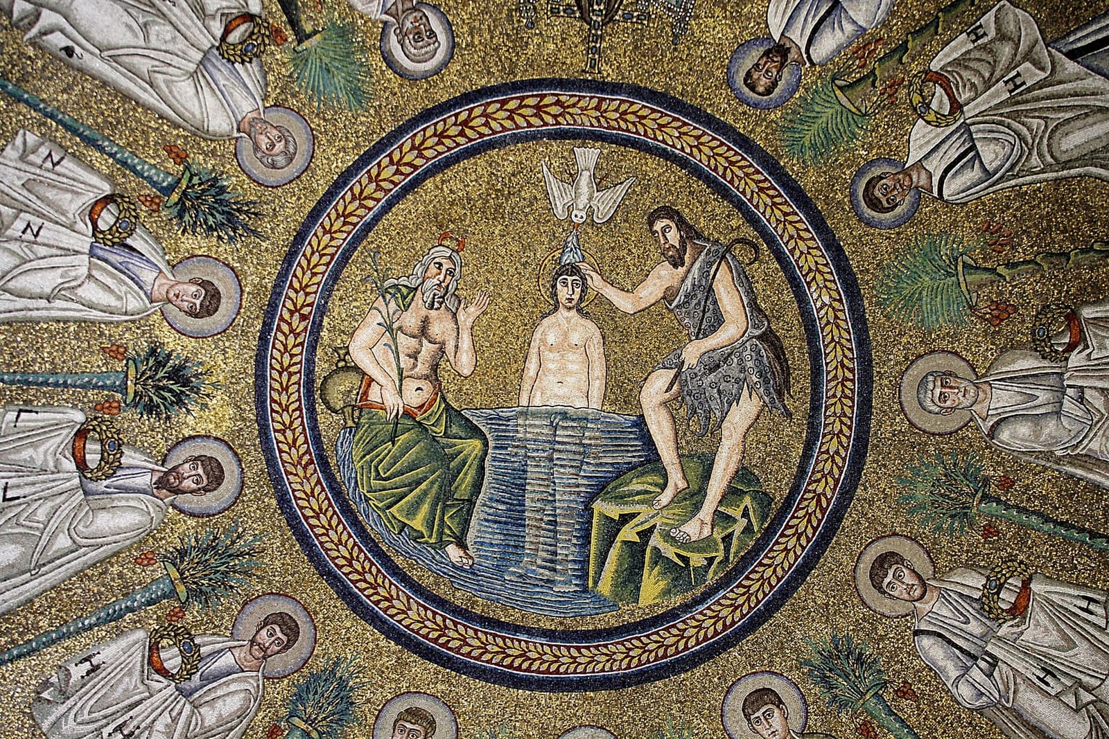 the baptism of Christ in the Jordan between John the Baptist and the old man who stands for the river, in the Arian Baptistery