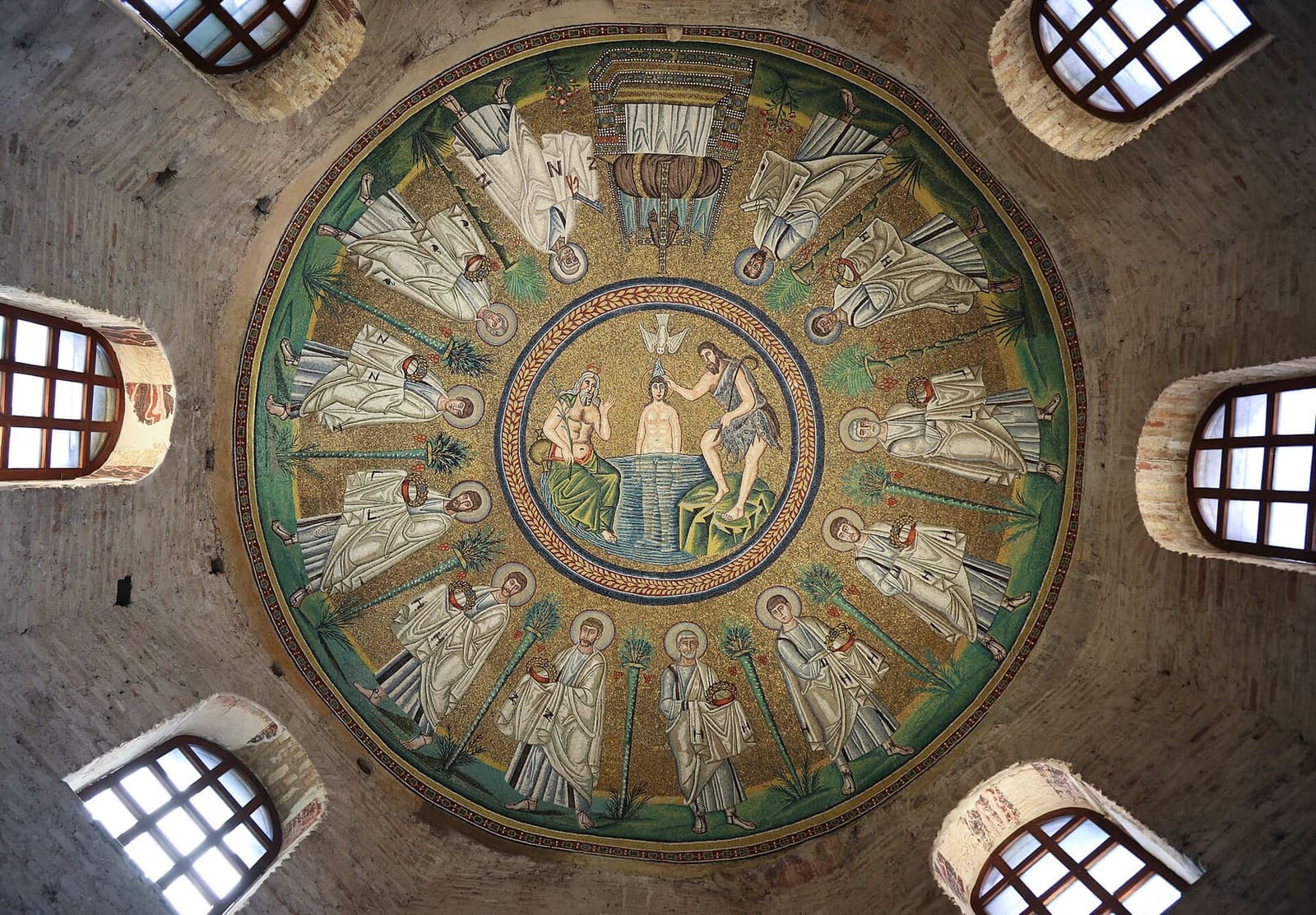 the dome of the Arian Baptistery with the baptism of Christ in the centre and the twelve apostles around it