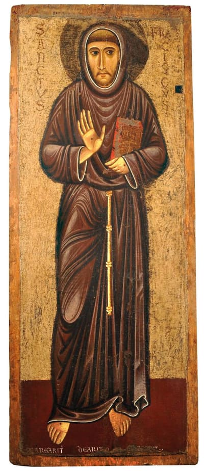 il San Francesco di Margaritone d'Arezzo, tavola a fondo oro con il saio bruno e le stigmate su mani e piedi