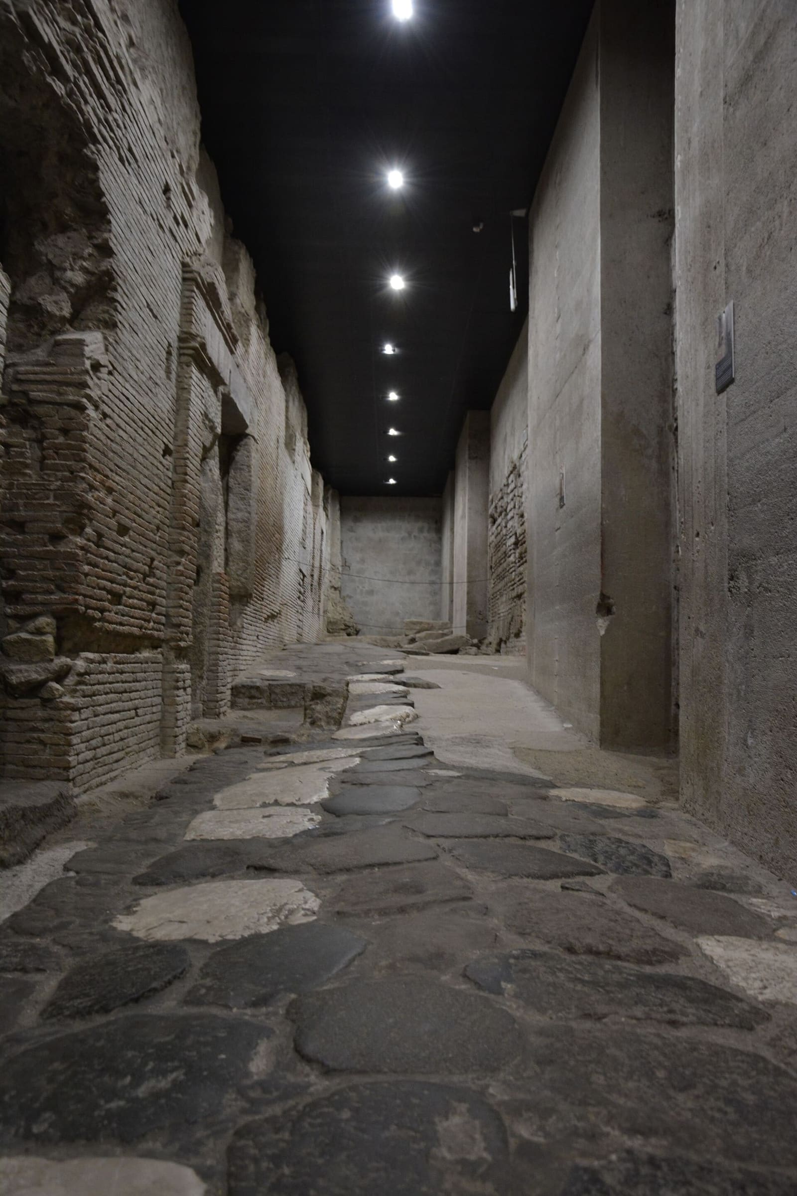 la strada romana lastricata sotto San Lorenzo Maggiore, fra i muri delle botteghe