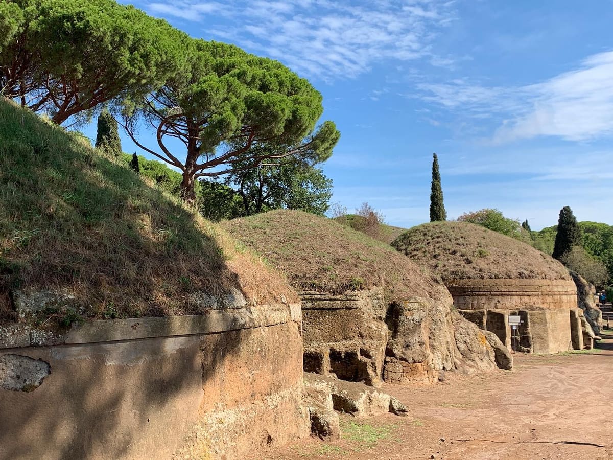 i tumuli in fila lungo la via sepolcrale, i tamburi di tufo tagliato e sopra le cupole di terra erbosa, con i pini domestici e un cipresso dietro