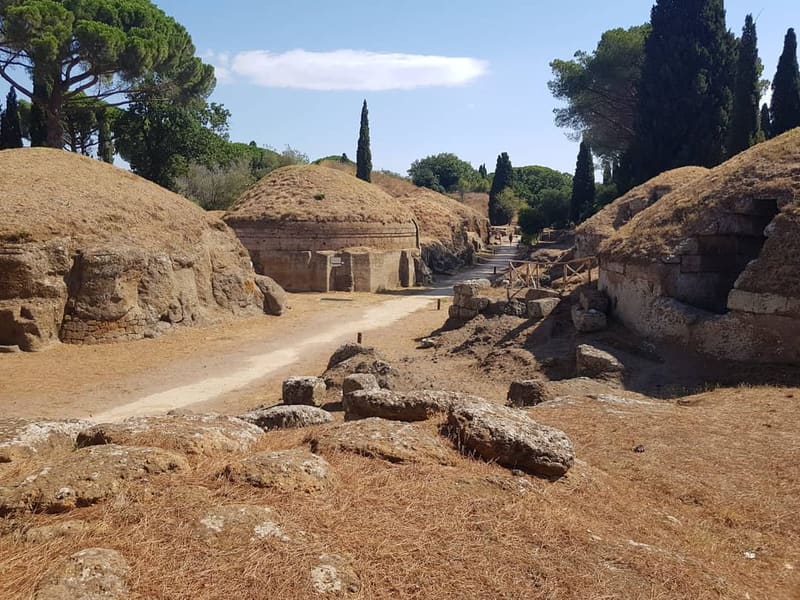 la via sepolcrale scavata nel tufo: i tumuli salgono a destra e a sinistra, e in fondo la strada continua fra i cipressi