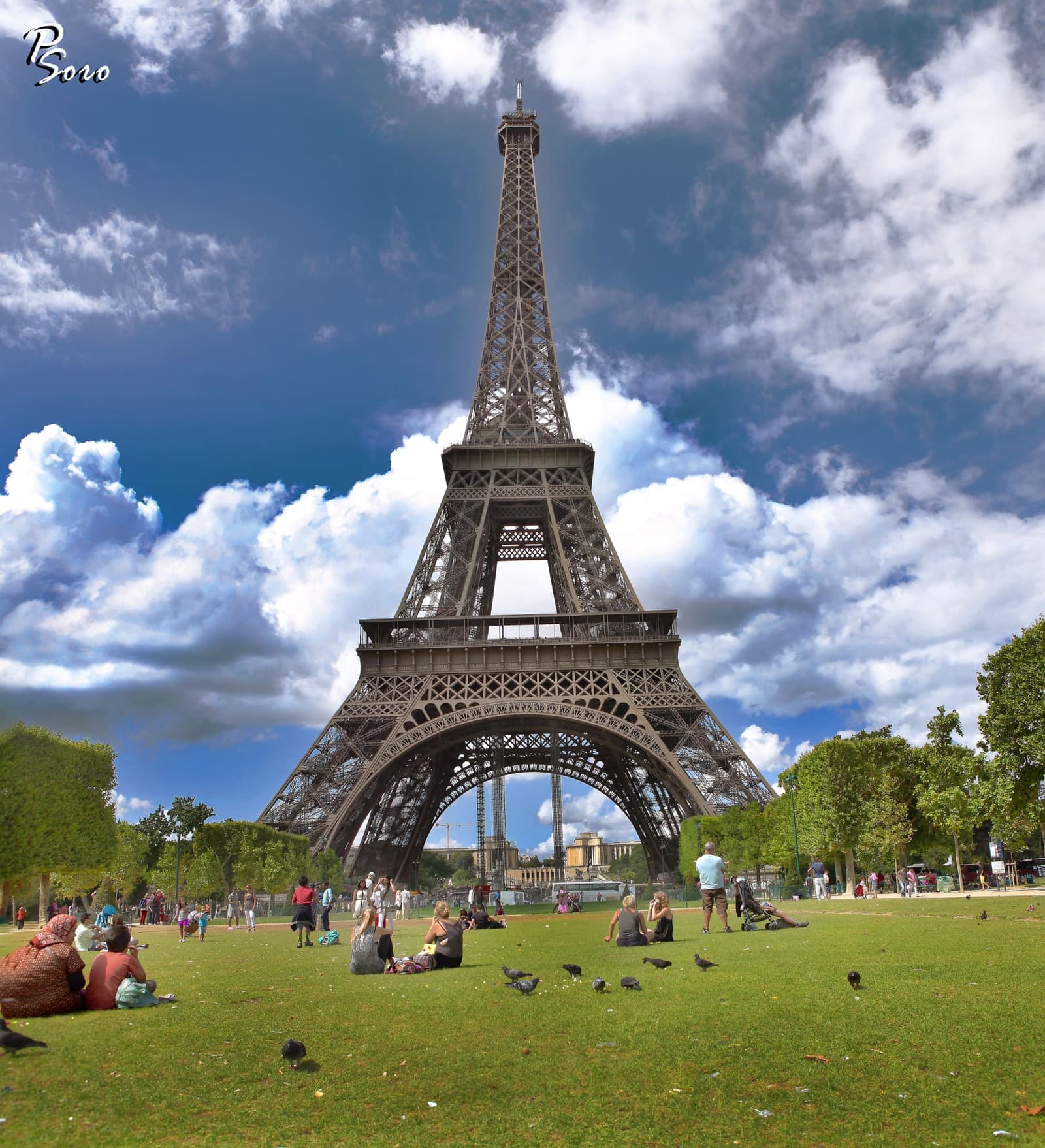 der Eiffelturm von der Wiese des Champ de Mars aus
