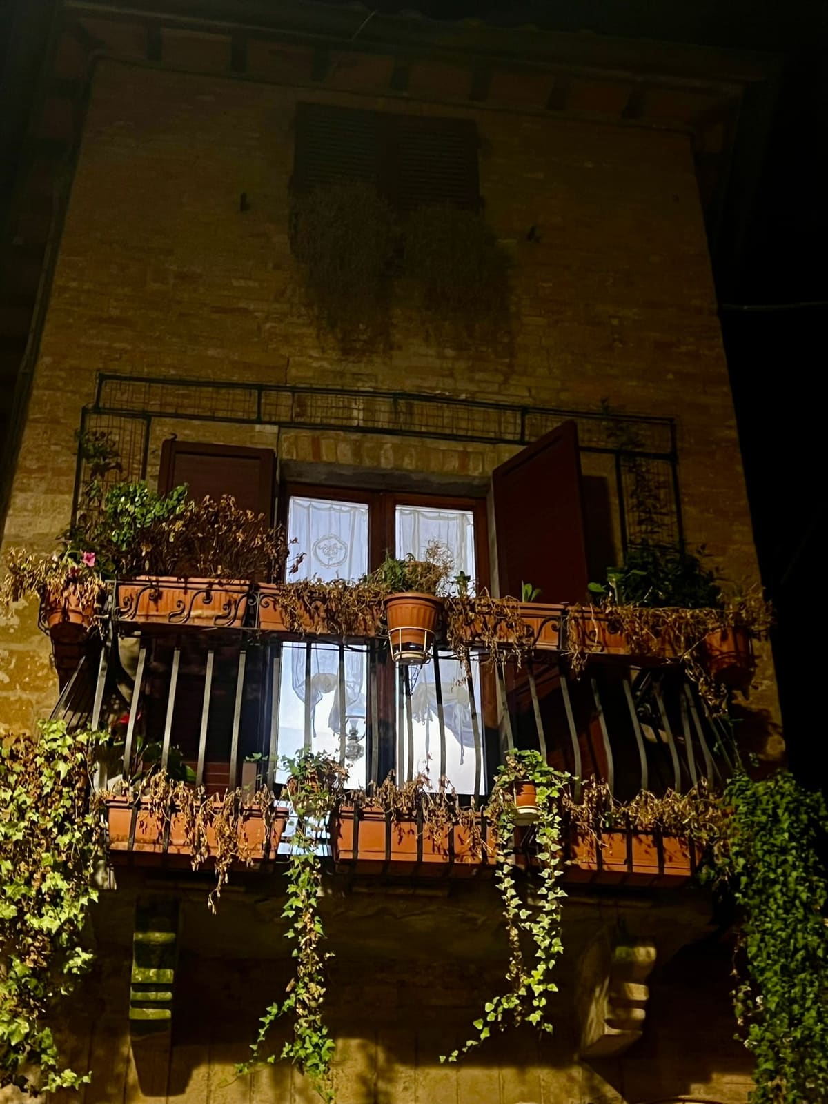 un balcone fiorito nel borgo, di sera