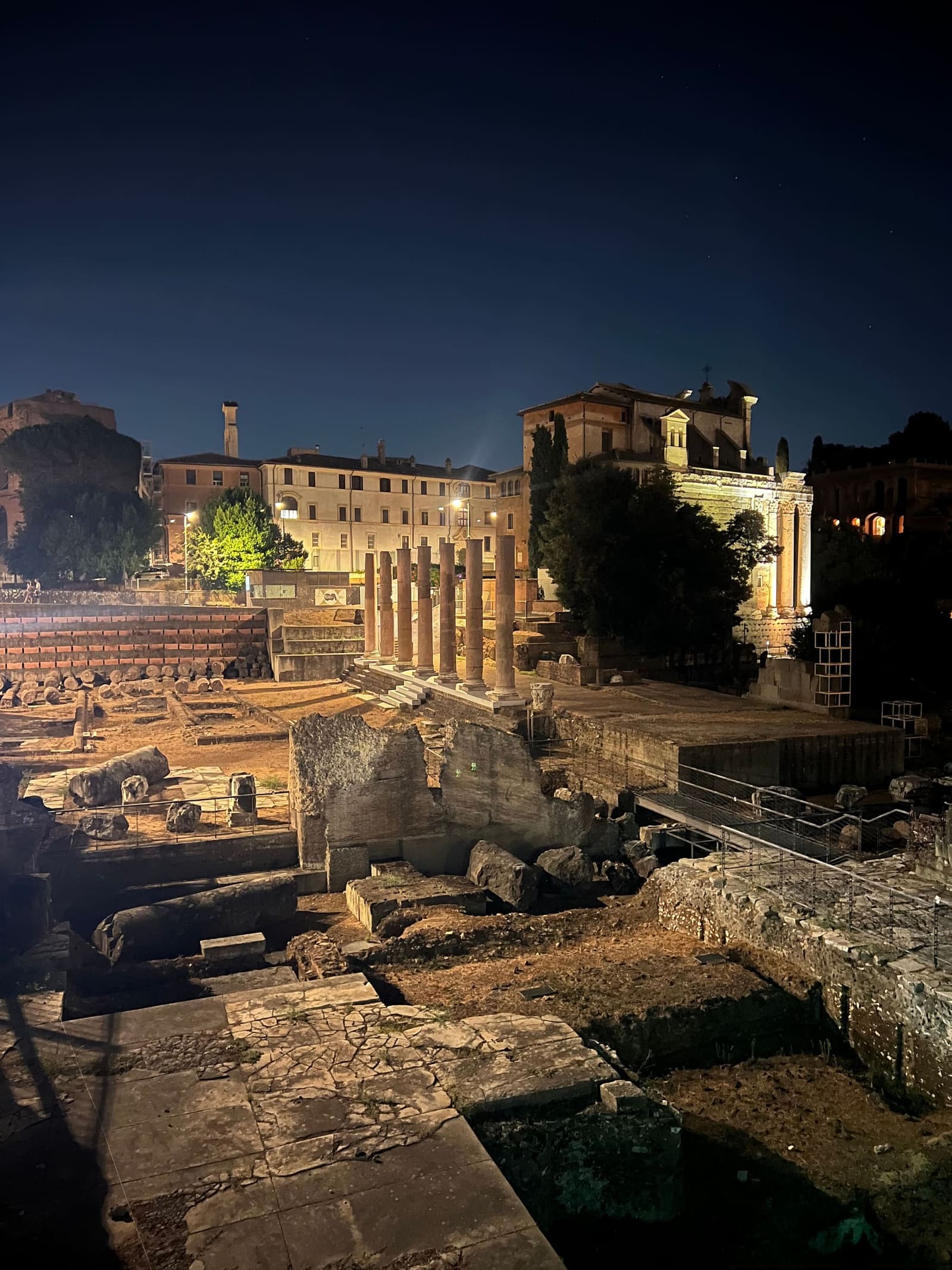 il Tempio di Antonino e Faustina, con la chiesa di San Lorenzo in Miranda costruita dentro il portico antico, e davanti gli scavi del Foro Romano di sera