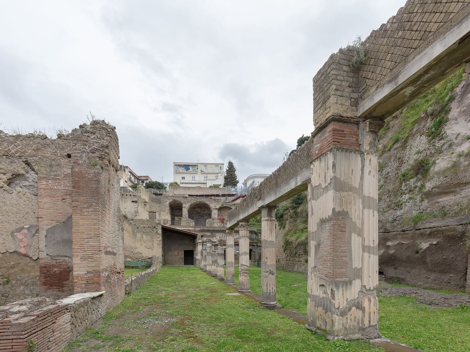 il portico della Palestra sul prato, verso le arcate in fondo