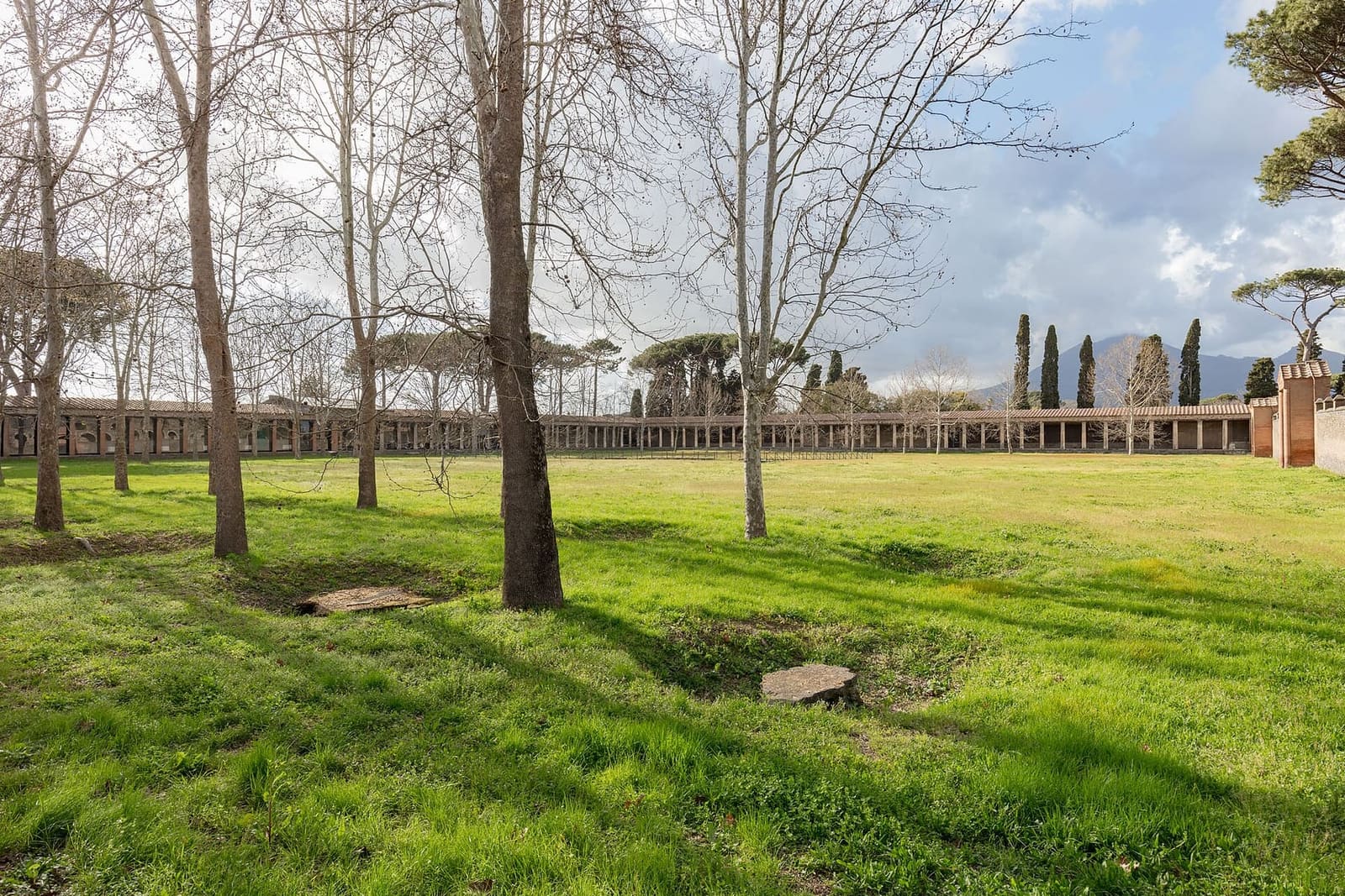 the Palestra Grande, with the bare trees and the portico at the end, in March