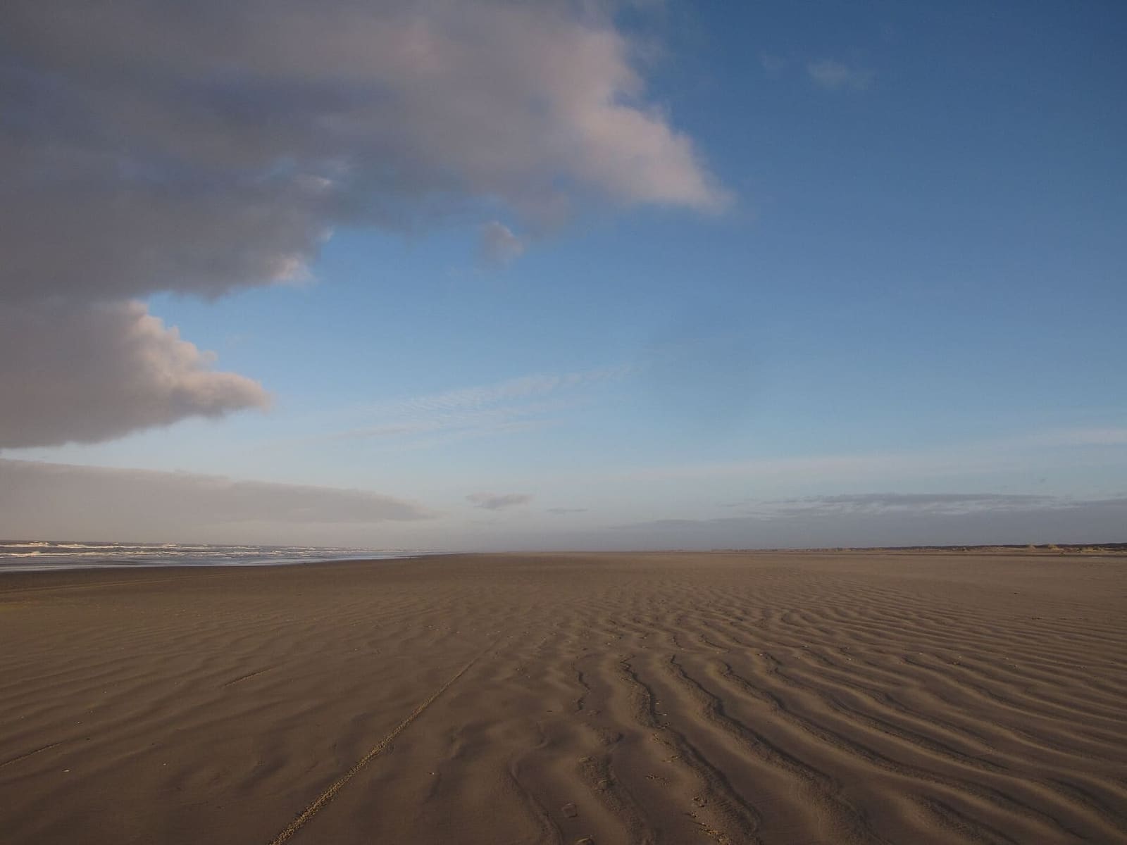 la spiaggia larga del Mare del Nord, con la sabbia increspata, a fine novembre