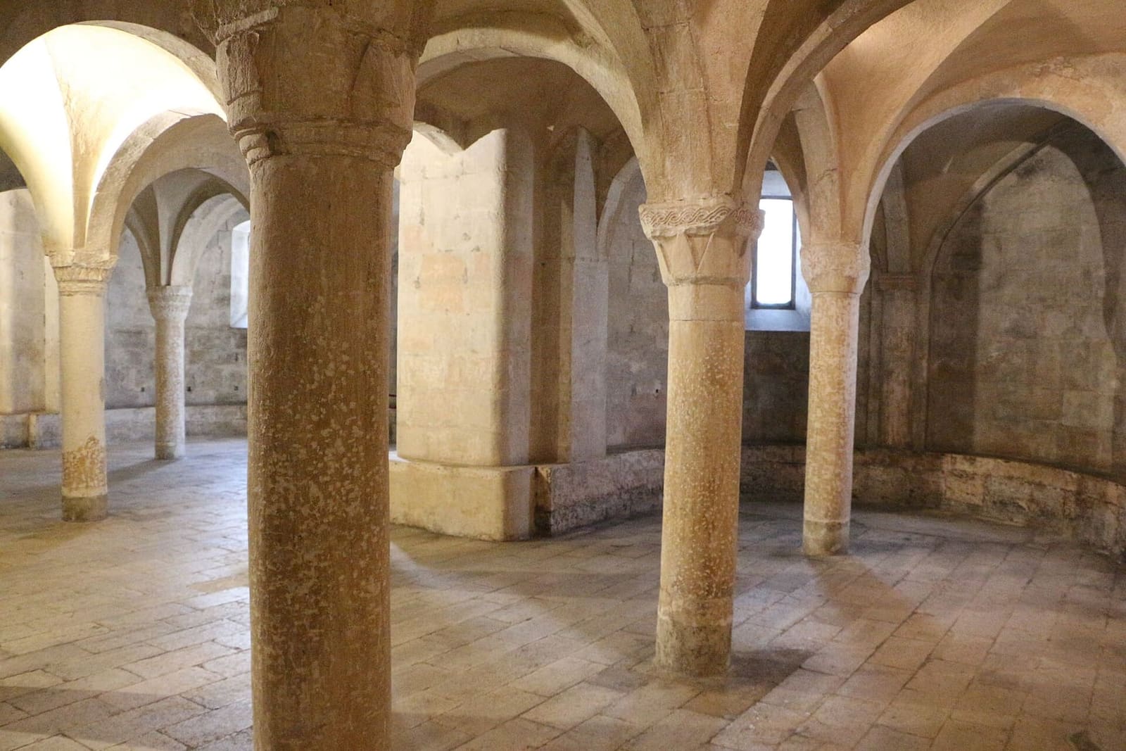 the columns and vaults of the Romanesque crypt of the cathedral of San Panfilo