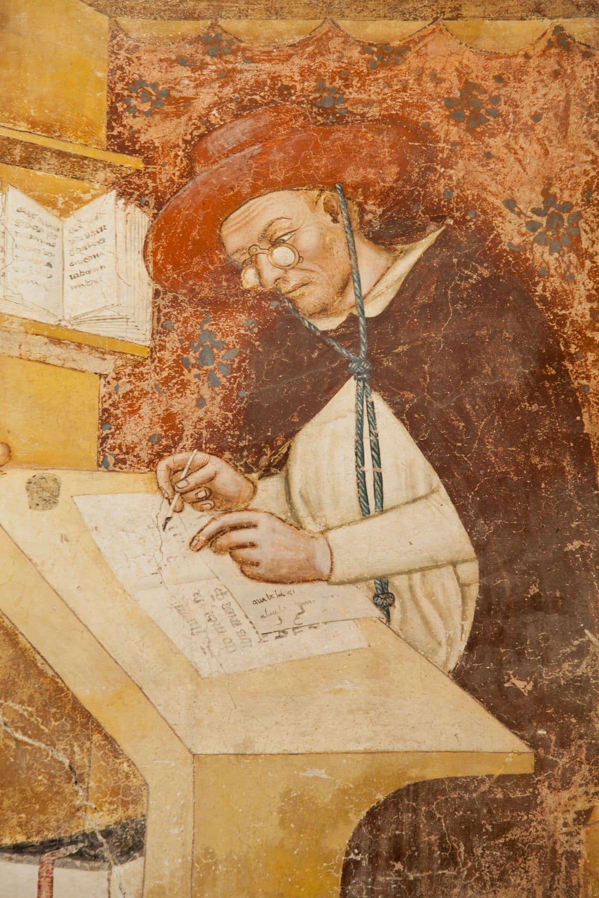 il cardinale Ugo di Provenza con gli occhiali, dipinto da Tomaso da Modena nel Capitolo dei Domenicani nel 1352