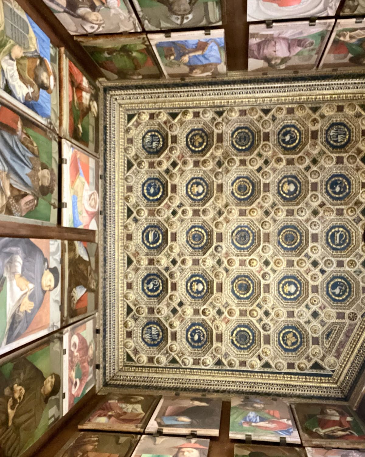 il soffitto dorato a cassettoni con le rosette azzurre, e sotto i pannelli dipinti appesi tutt'intorno alla stanza