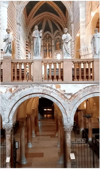 l'interno di San Zeno, le statue sulla balaustra e le arcate che scendono verso la cripta